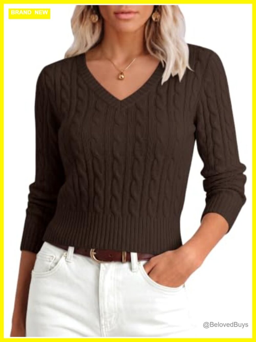 Cropped V Neck Cable Knit Sweater Lightweight Pullover